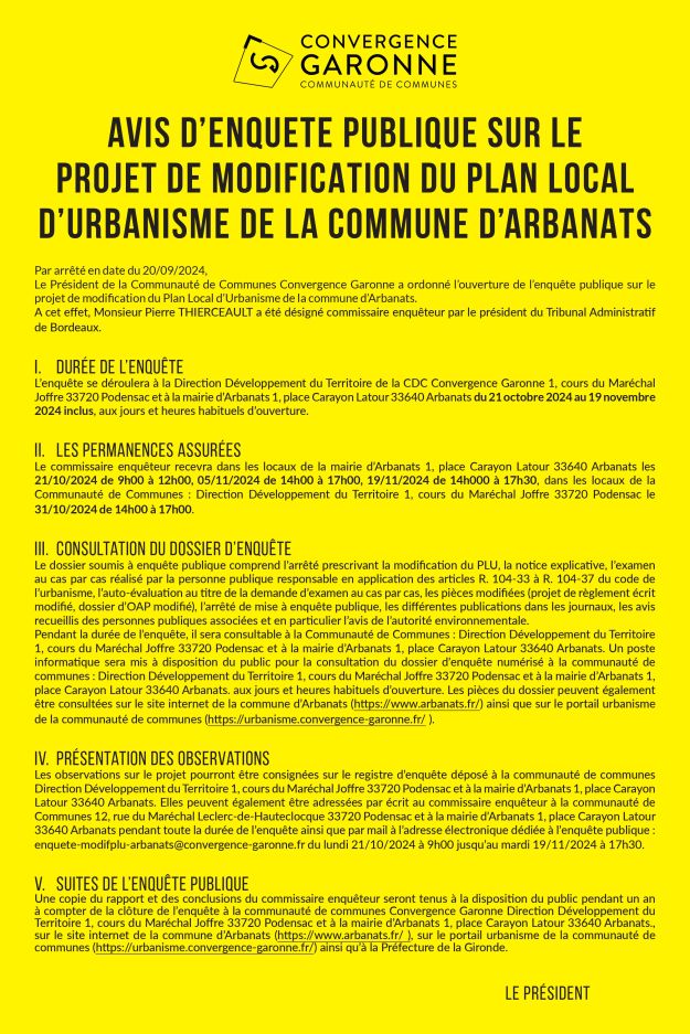 Enquête publique relative à la modification n°1 du Plan Local d